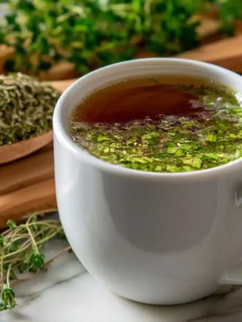 yerba mate tea in a white ceramic cup with loose leaves