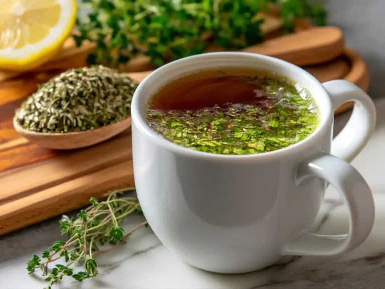 yerba mate tea in a white ceramic cup with loose leaves