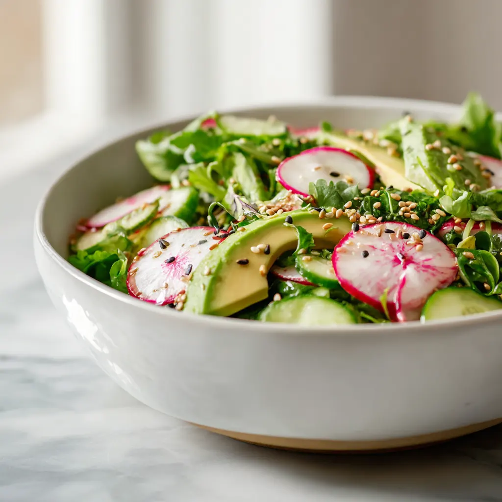 Global fusion vegetarian salad with avocado, radish and sesame in a ceramic bowl