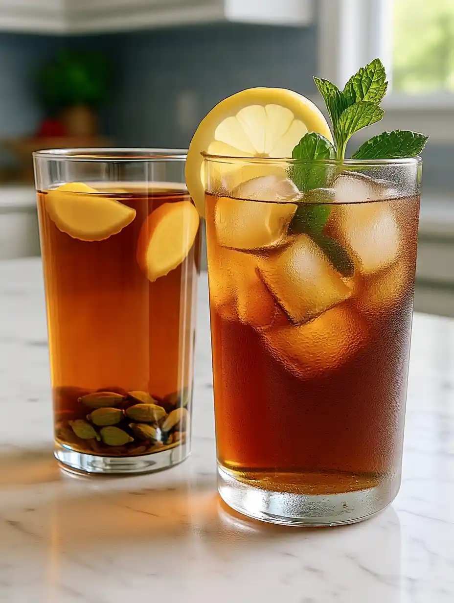 Two glasses: one spiced Indian black tea with ginger and cardamom; one iced black tea with lemon and mint,