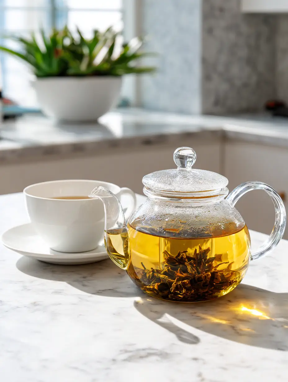 Glass teapot with unfurling oolong leaves.