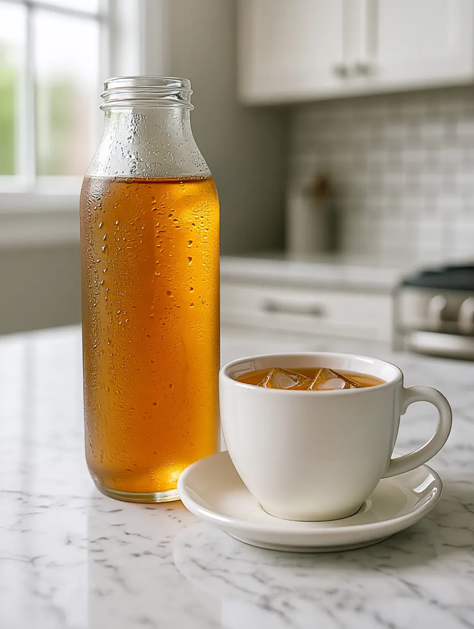 Cold brew oolong tea in glass bottle and iced glass on marble counter