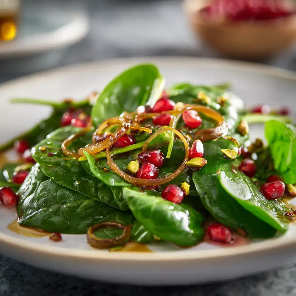 Elegant vegetarian salad with spinach, pomegranate seeds and pistachios in a ceramic plate