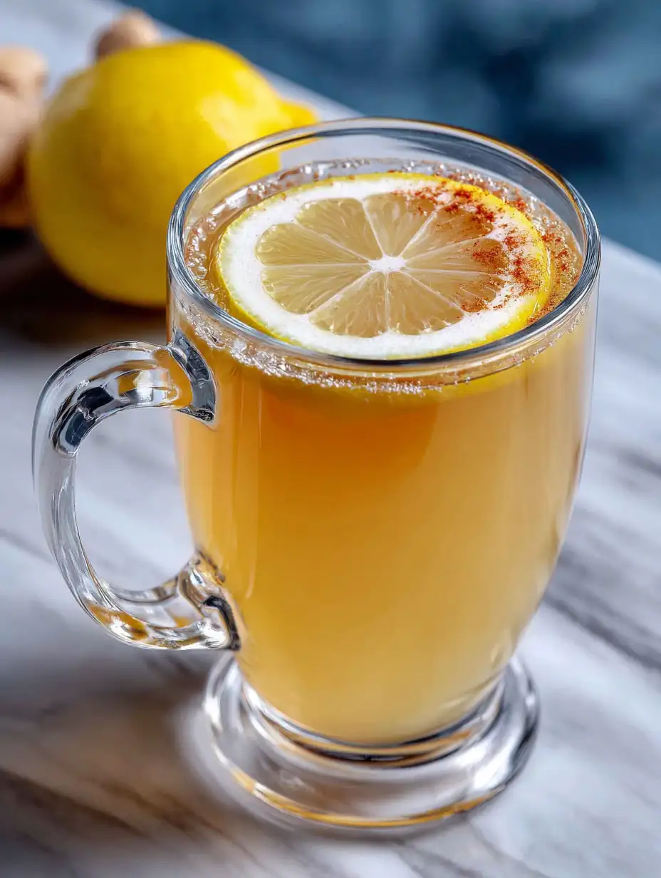Wellness drinks: ginger lemon honey tea in a clear glass mug with lemon slice and warm golden color.
