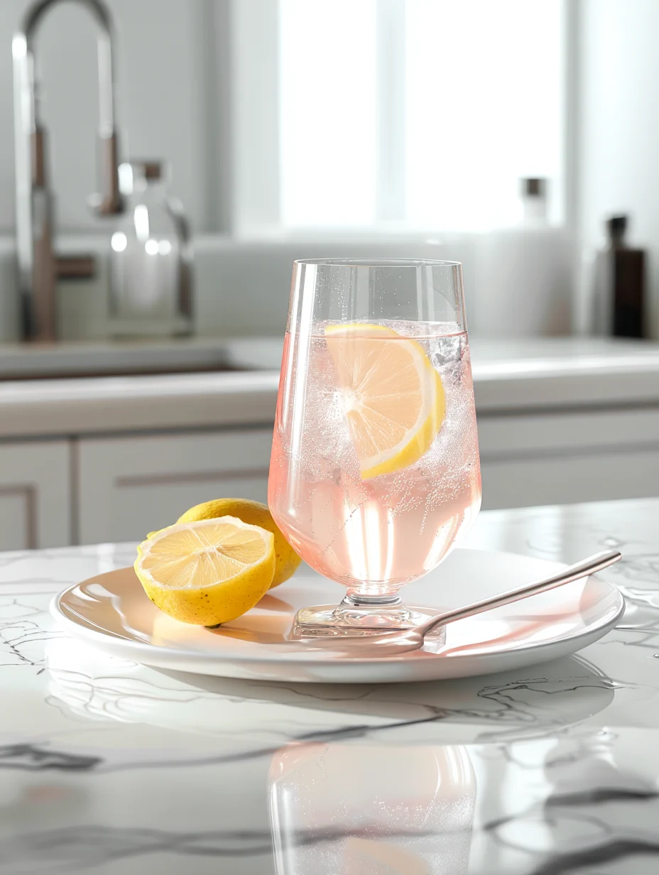Wellness drinks: Japanese pink salt water served in a clear glass with lemon slice on a white plate