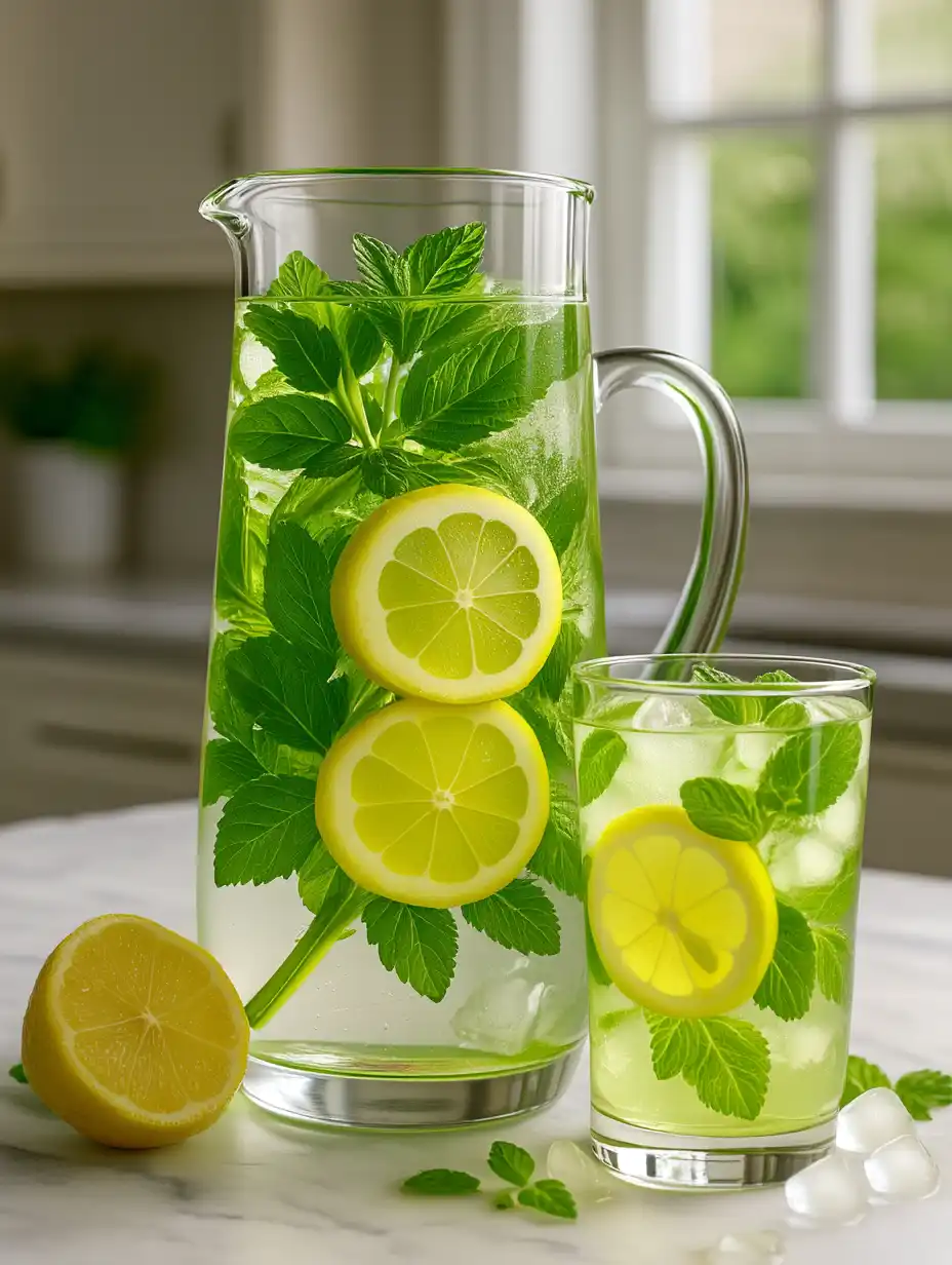 Lemon balm drink infused in a glass pitcher with herbs and lemon slices.
