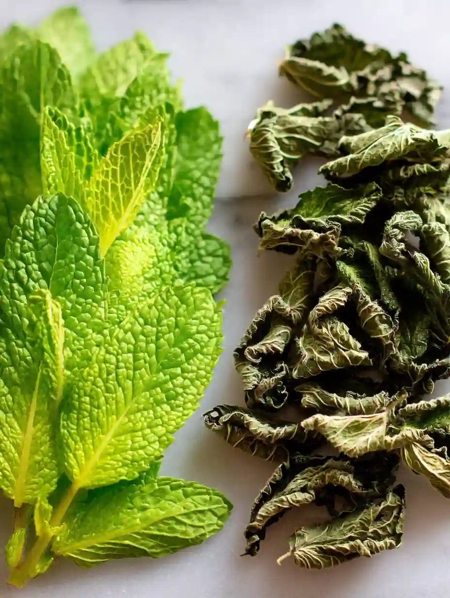 Fresh and dried lemon balm leaves side by side on a white counter