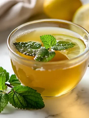 Lemon balm recipe – herbal tea in a warm white cup with fresh green sprigs on marble