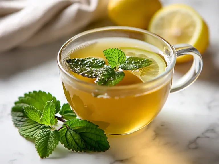 Lemon balm recipe – herbal tea in a warm white cup with fresh green sprigs on marble