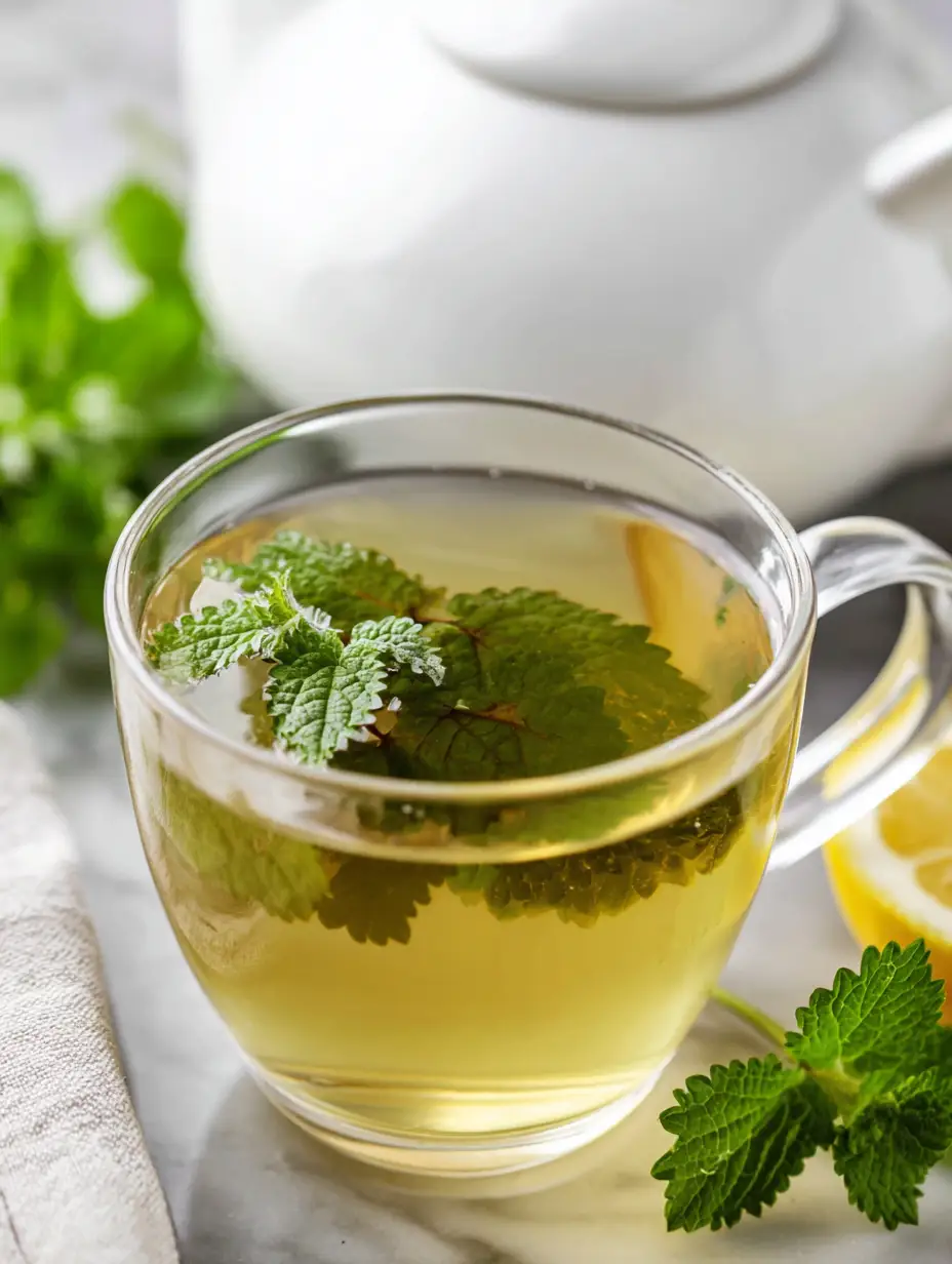 Lemon balm recipe tea with fresh herbs on a white kitchen counter