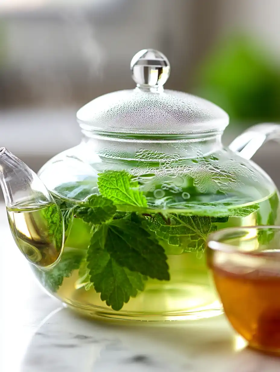 Lemon balm tea brewing with fresh leaves in a glass teapot