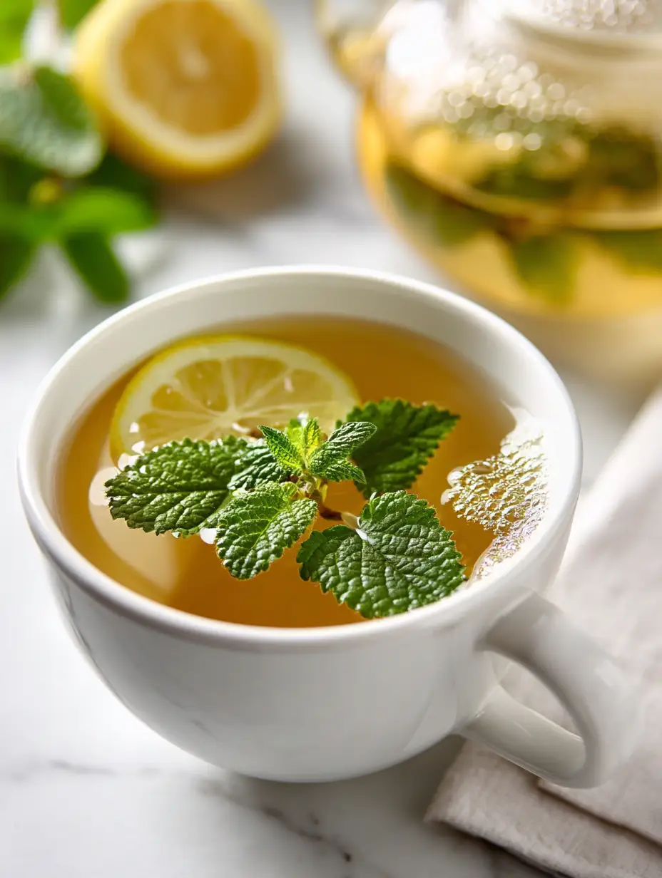 Wellness drinks: lemon balm tea in a white cup with lemon slice and fresh mint leaves