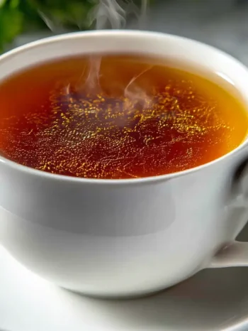 Steaming oolong tea in a white ceramic mug with saucer on marble countertop.