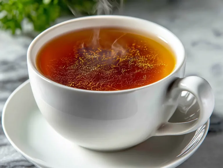 Steaming oolong tea in a white ceramic mug with saucer on marble countertop.