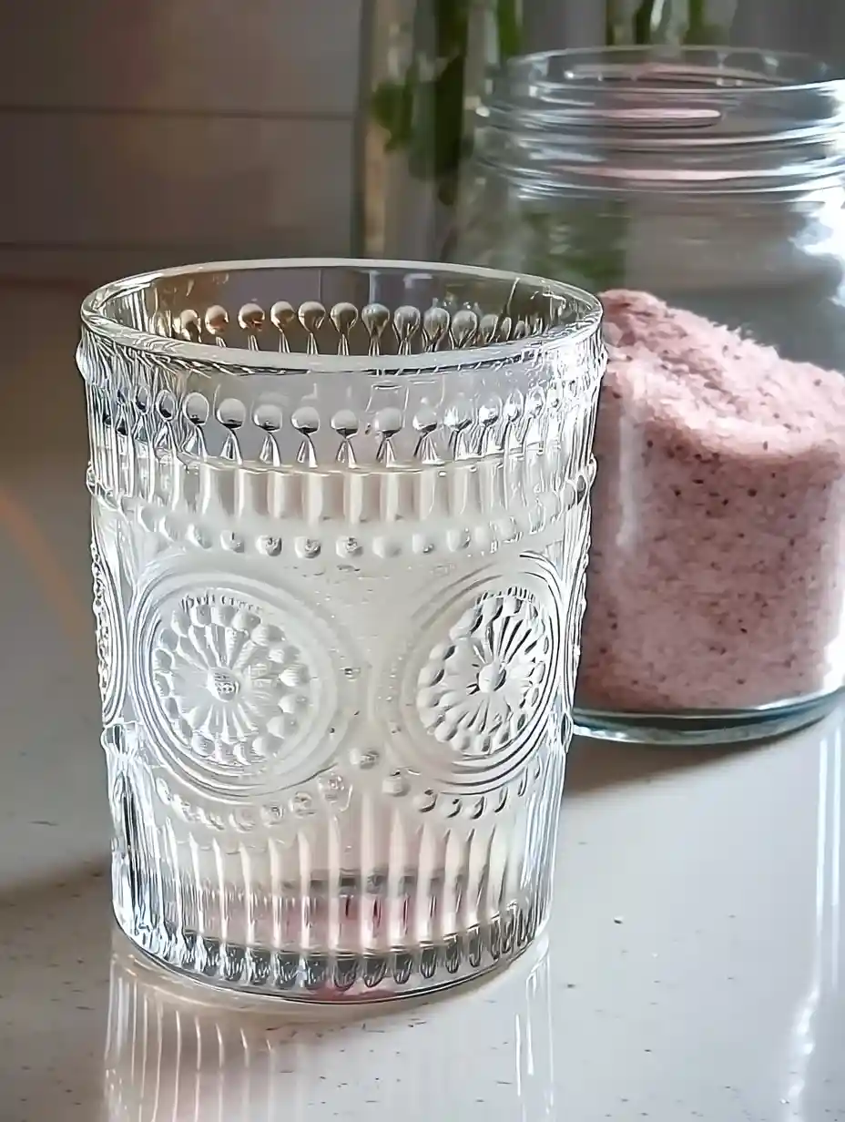 Glass of pink salt water with a jar of pink Himalayan salt crystals beside it.
