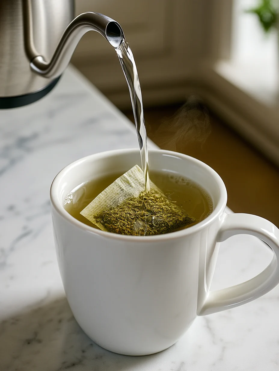 yerba mate tea bag in a white mug as hot water pours