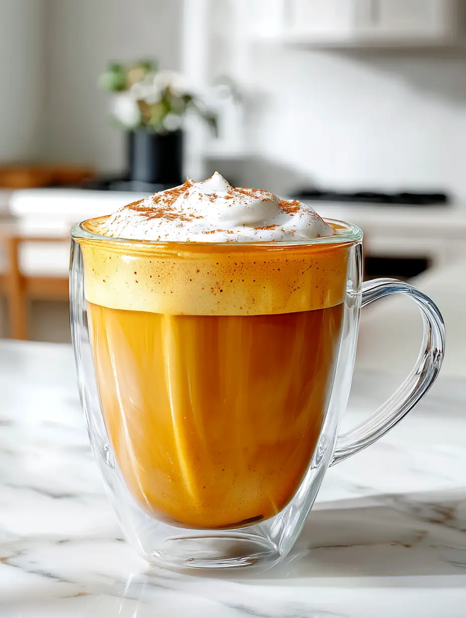 Wellness drinks: pumpkin chai latte in a clear glass mug topped with frothy milk foam.