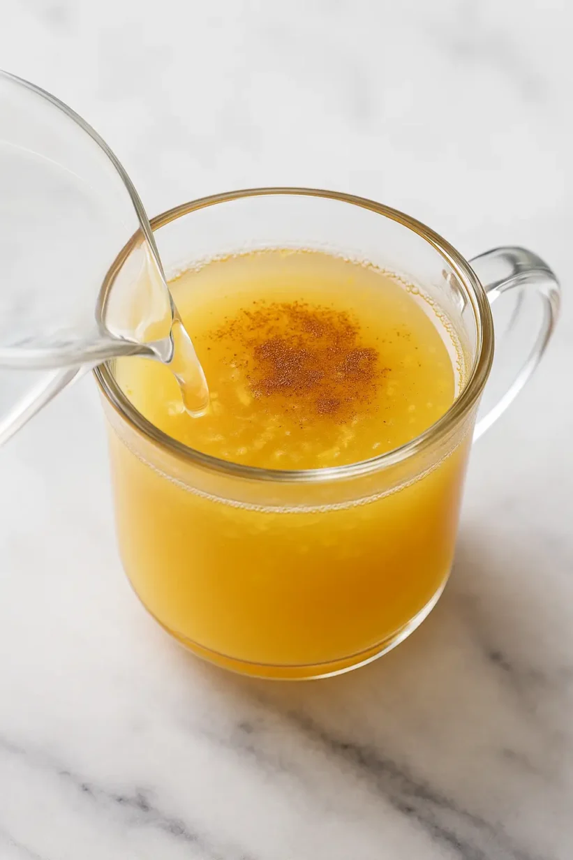 ginger and cinnamon steeping in hot water in a clear glass
