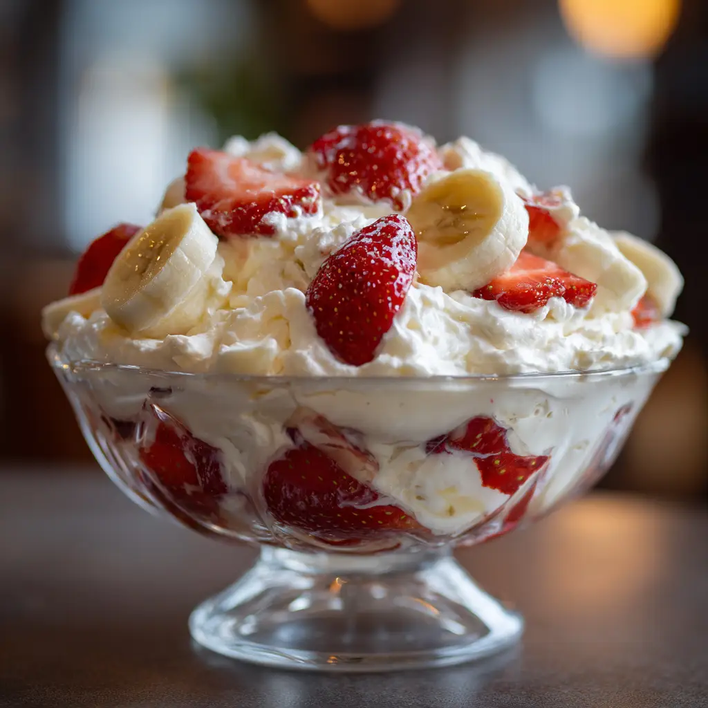 Strawberry banana cheesecake-style vegetarian salad with whipped cream cheese in a glass bowl