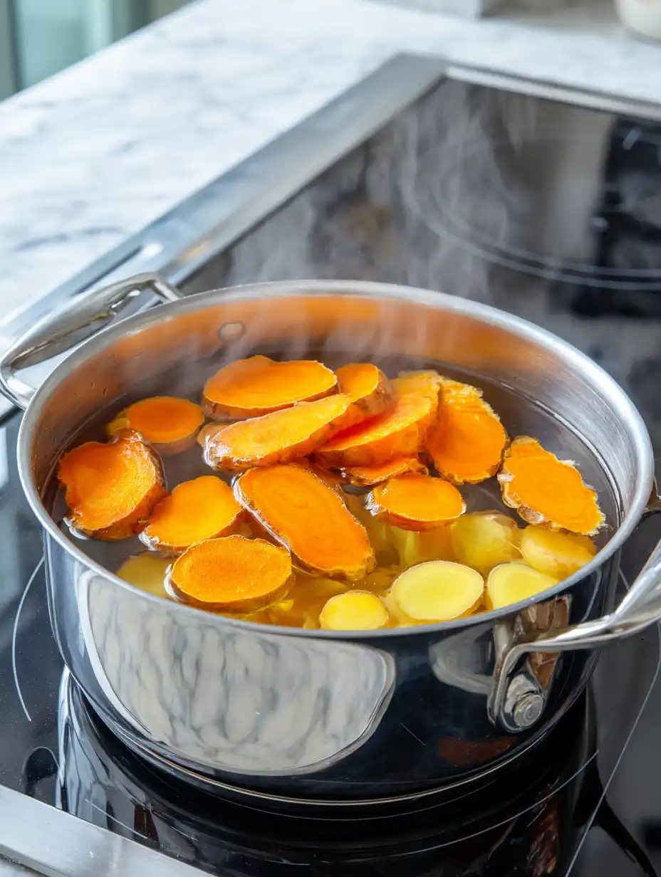 Light golden-yellow turmeric and ginger slices simmering in a saucepan.
