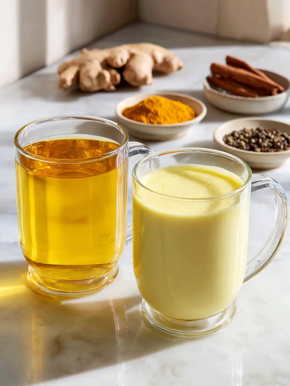 Light golden-yellow turmeric tea and creamy golden milk in glass mugs with spices.