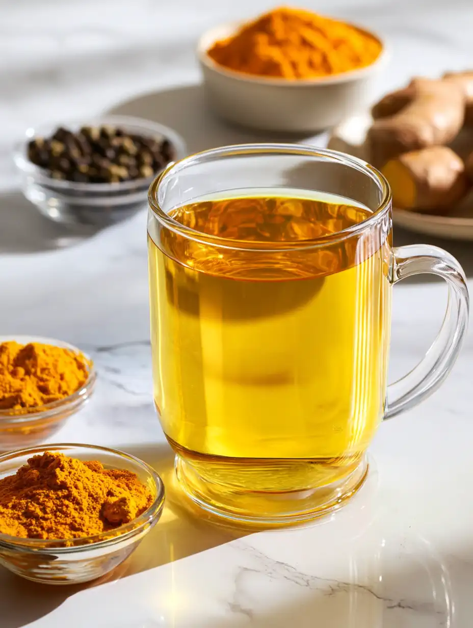 Glass mug of turmeric tea on white marble, surrounded by bowls of turmeric powder, black pepper, and fresh ginger.