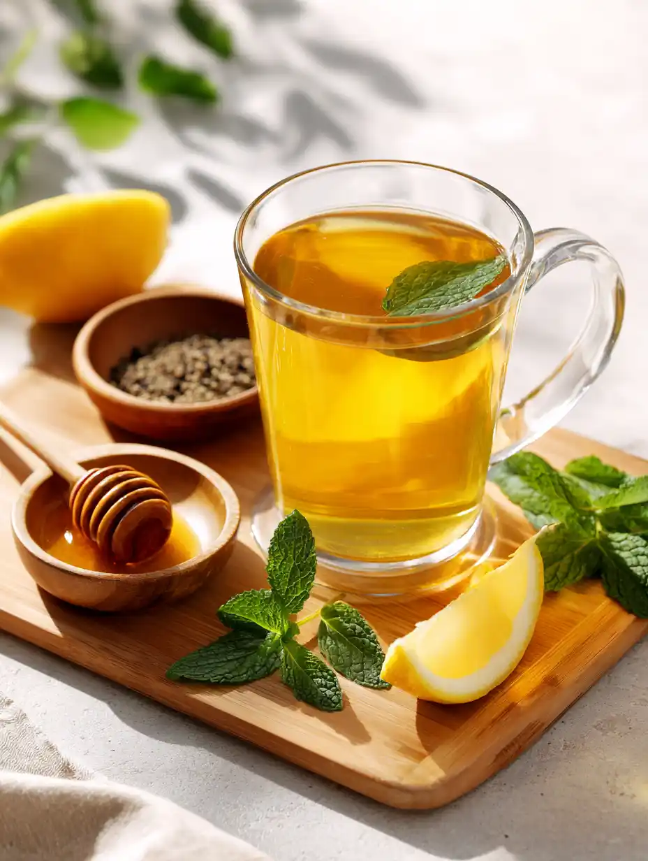 Light golden-yellow turmeric tea with lemon, cinnamon, mint, and honey.