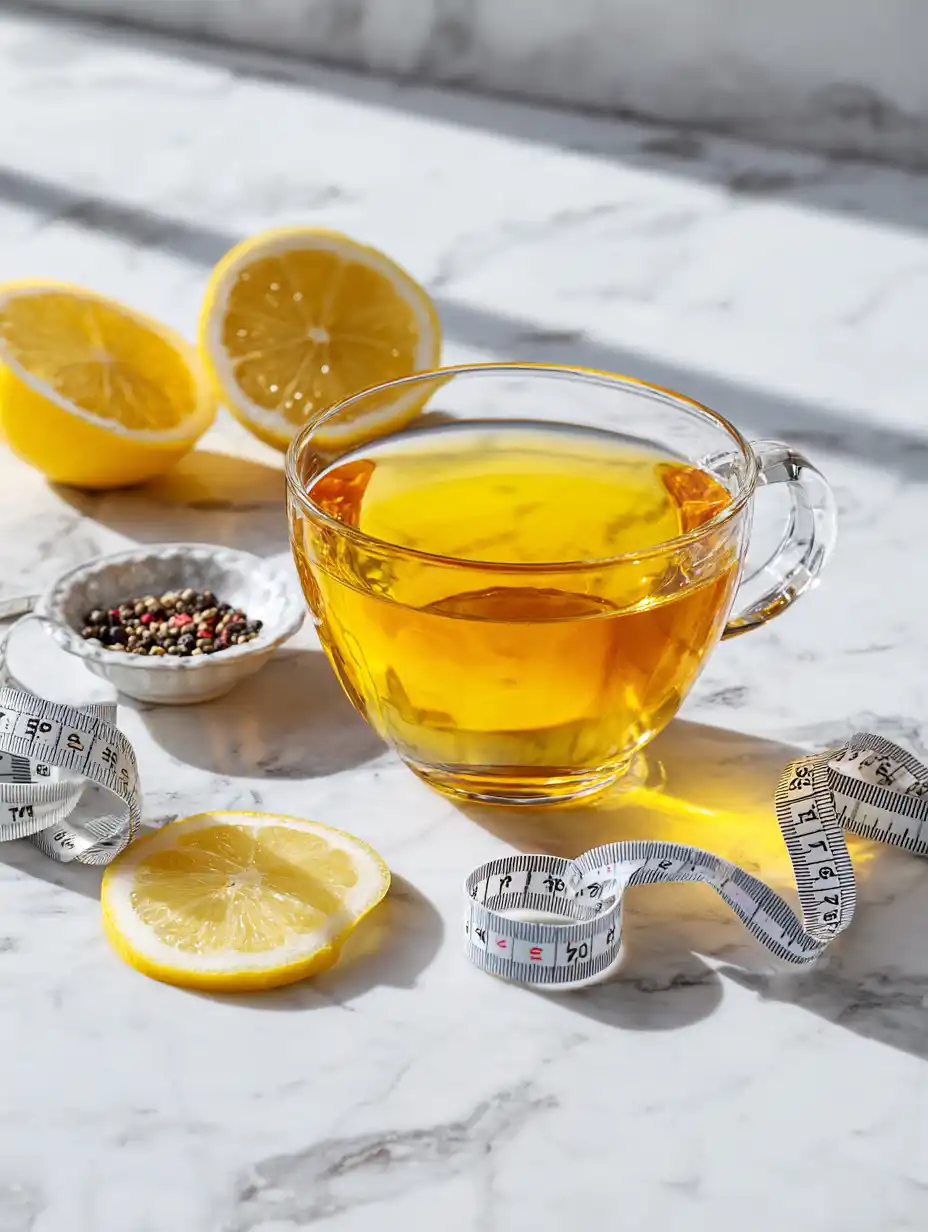 turmeric tea with lemon, black pepper, and a measuring tape for weight loss.