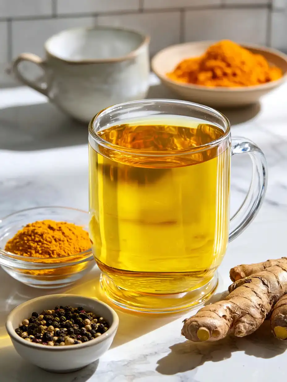 Wellness drinks: golden turmeric tea in a clear mug with ginger root, turmeric powder, and black pepper.