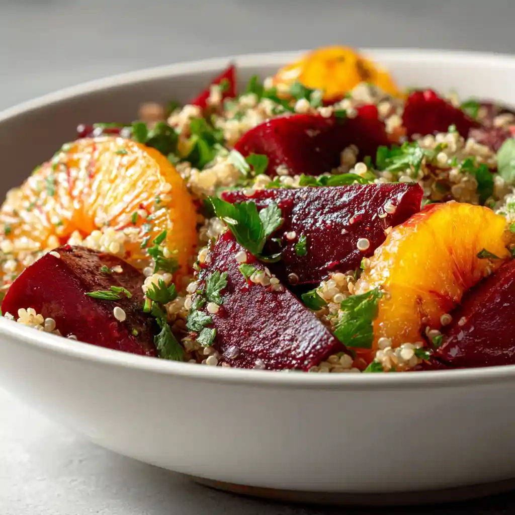 Vegetarian salad with roasted beets, blood orange, parsley and quinoa in a ceramic bowl
