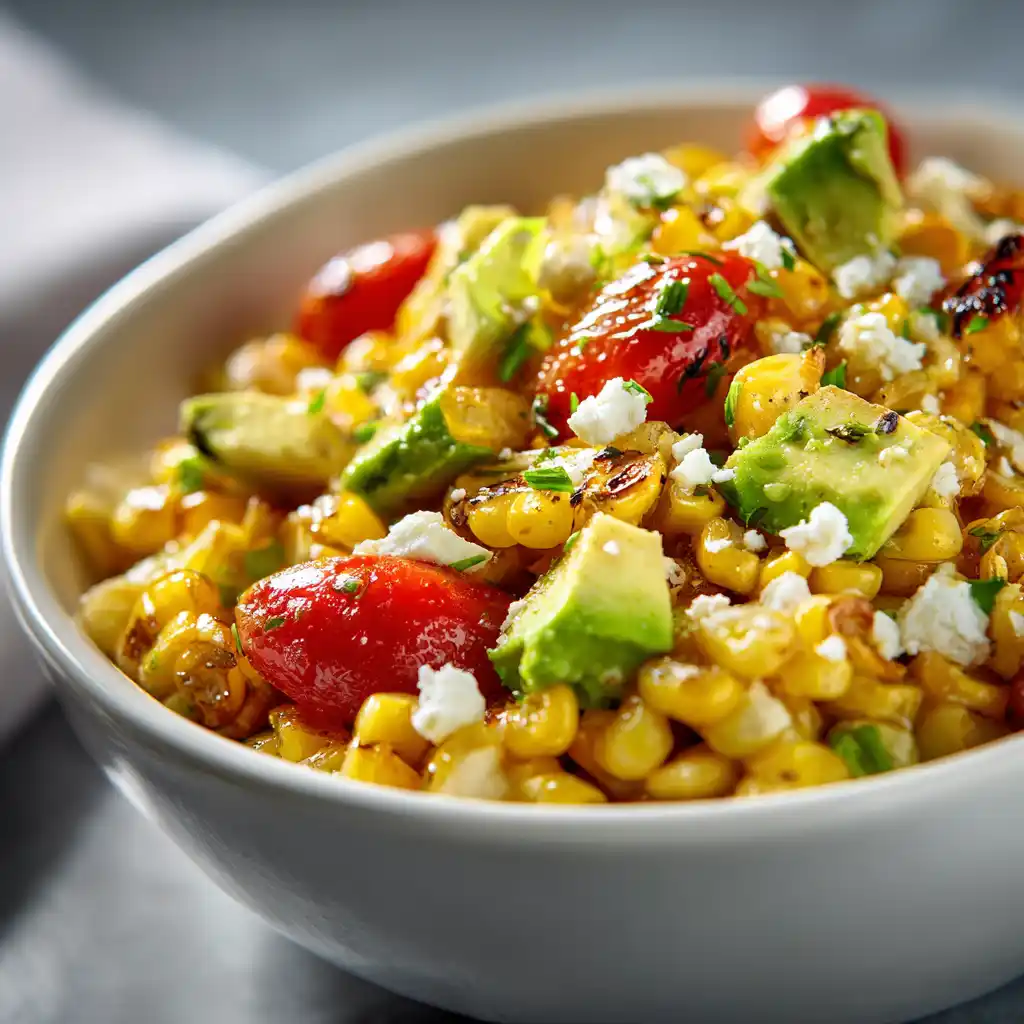 Vegetarian corn salad with grilled corn, avocado, cherry tomatoes, and feta in a ceramic bowl