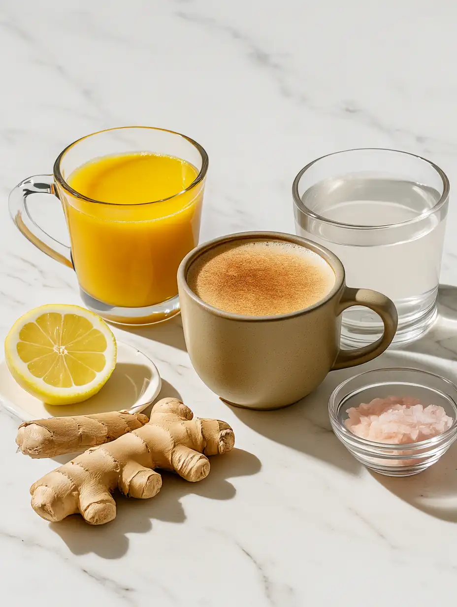 Trio of wellness drinks with turmeric tea, pumpkin chai latte and a pink salt hydration mix