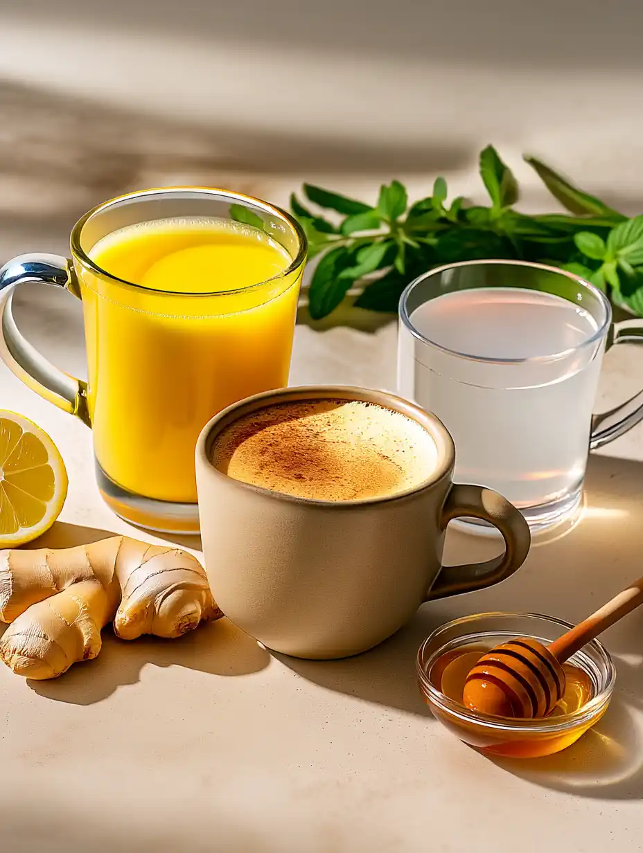 Wellness drinks featuring turmeric tea, pumpkin chai latte and a pink salt hydration mix.