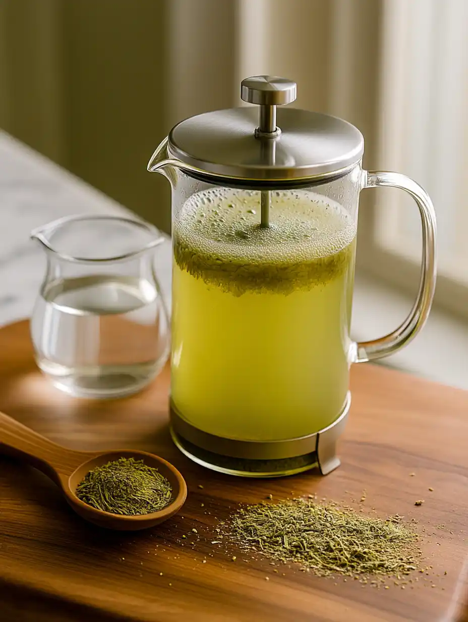 French press with blooming yerba mate, plunger resting; spoon of leaves and water carafe