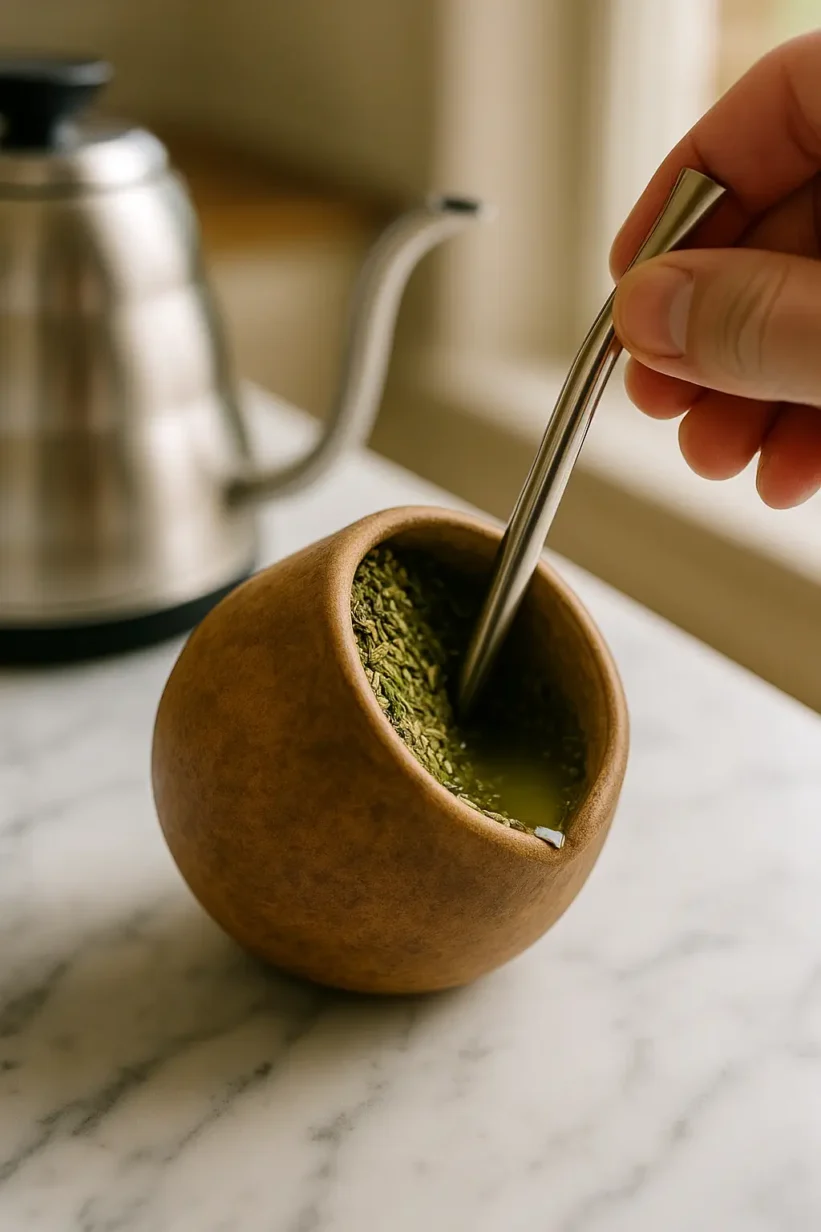 yerba mate tea gourd tilted with a cool-water well as a hand inserts the bombilla