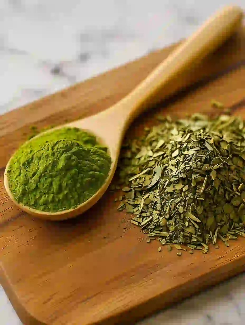 Matcha powder on a spoon next to yerba mate leaves on a wooden board