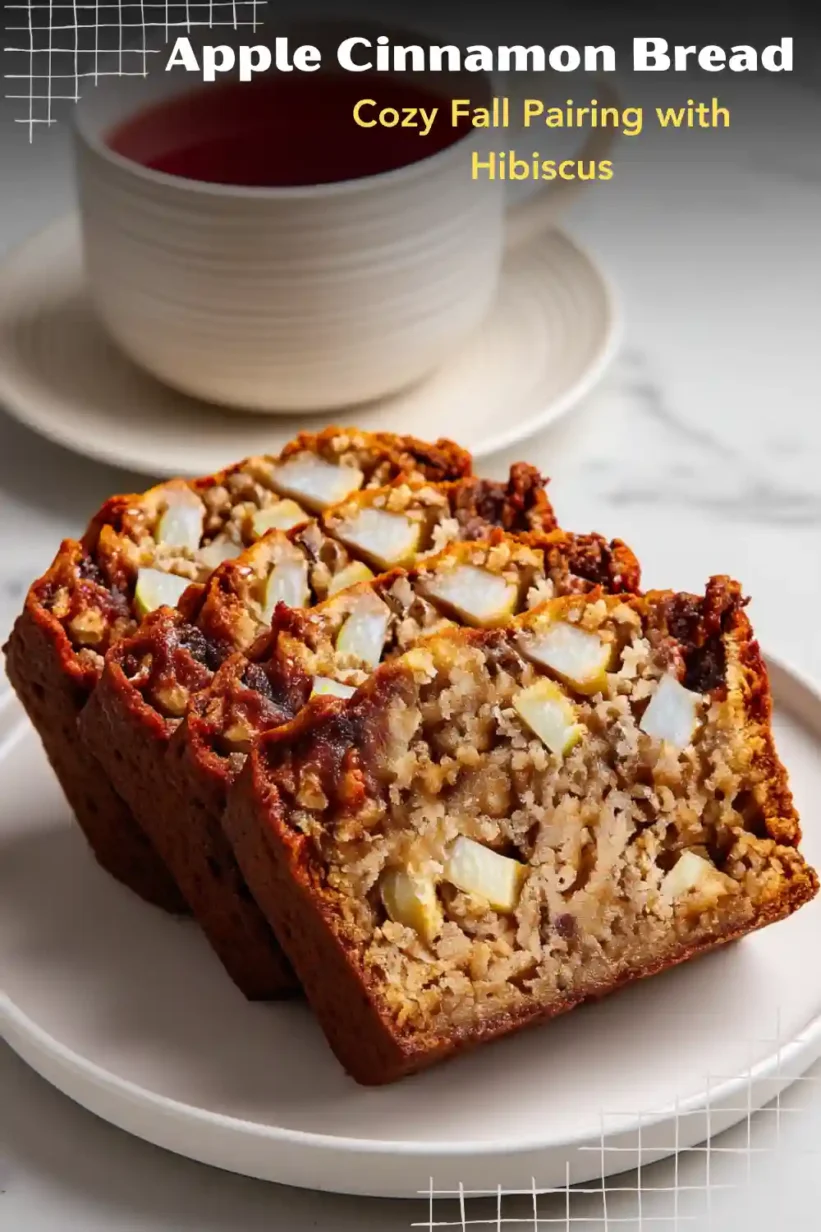 Apple Cinnamon Quick Bread slices on a modern plate with a cup of hibiscus tea