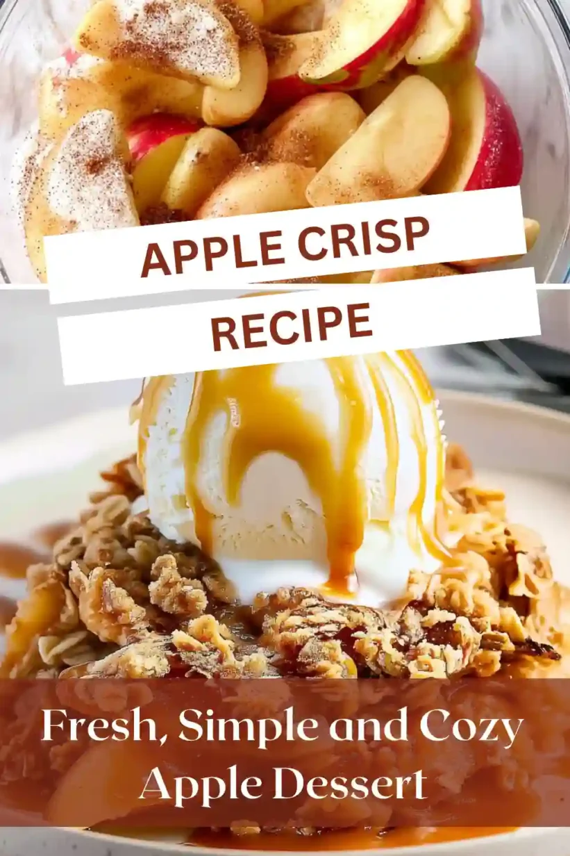 apple crisp recipe topped with vanilla ice cream and drizzled caramel