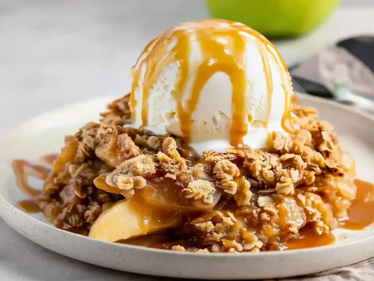 apple crisp recipe topped with vanilla ice cream and caramel drizzle