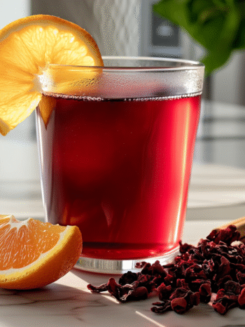 how to make hibiscus tea hibiscus tea: A glass cup with cinnamon stick and orange slice on white marble