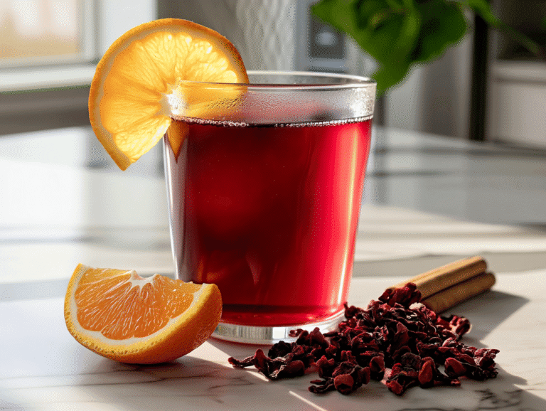 how to make hibiscus tea hibiscus tea: A glass cup with cinnamon stick and orange slice on white marble