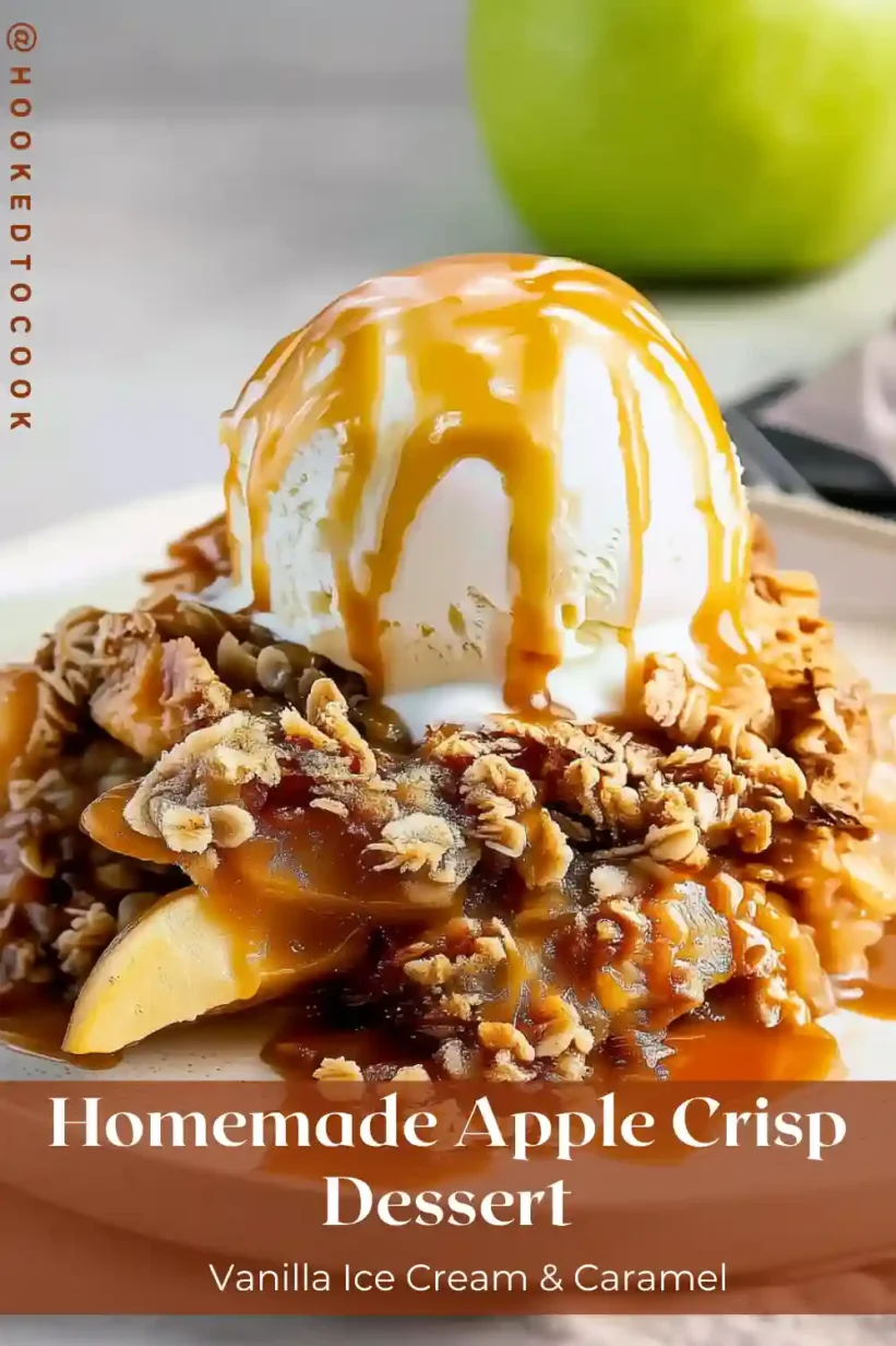 apple crisp recipe topped with vanilla ice cream and caramel drizzle