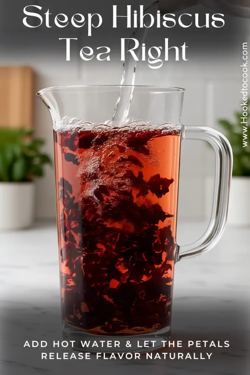 hot water being poured into glass pitcher with dried hibiscus petals for tea