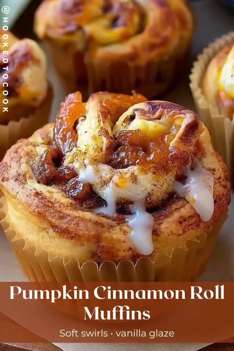 pumpkin cinnamon roll muffins with glossy cinnamon swirls and vanilla glaze, golden and homemade