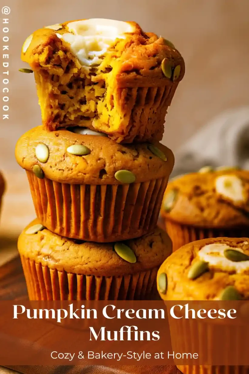 pumpkin cream cheese muffins stacked with creamy center bite showing