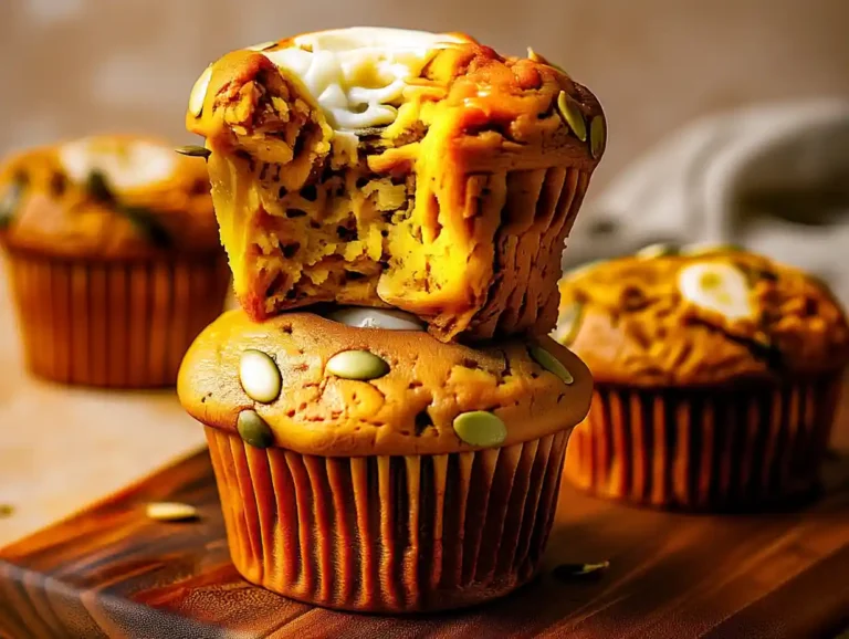 pumpkin cream cheese muffins stacked high with creamy swirl inside