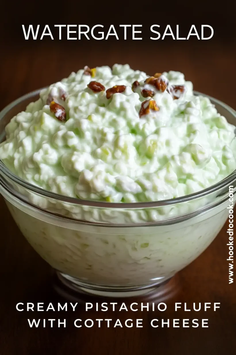 watergate salad with cottage cheese in glass bowl, creamy green pistachio fluff dessert