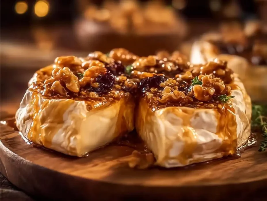 Baked Brie with honey and figs served on a wooden cheese board