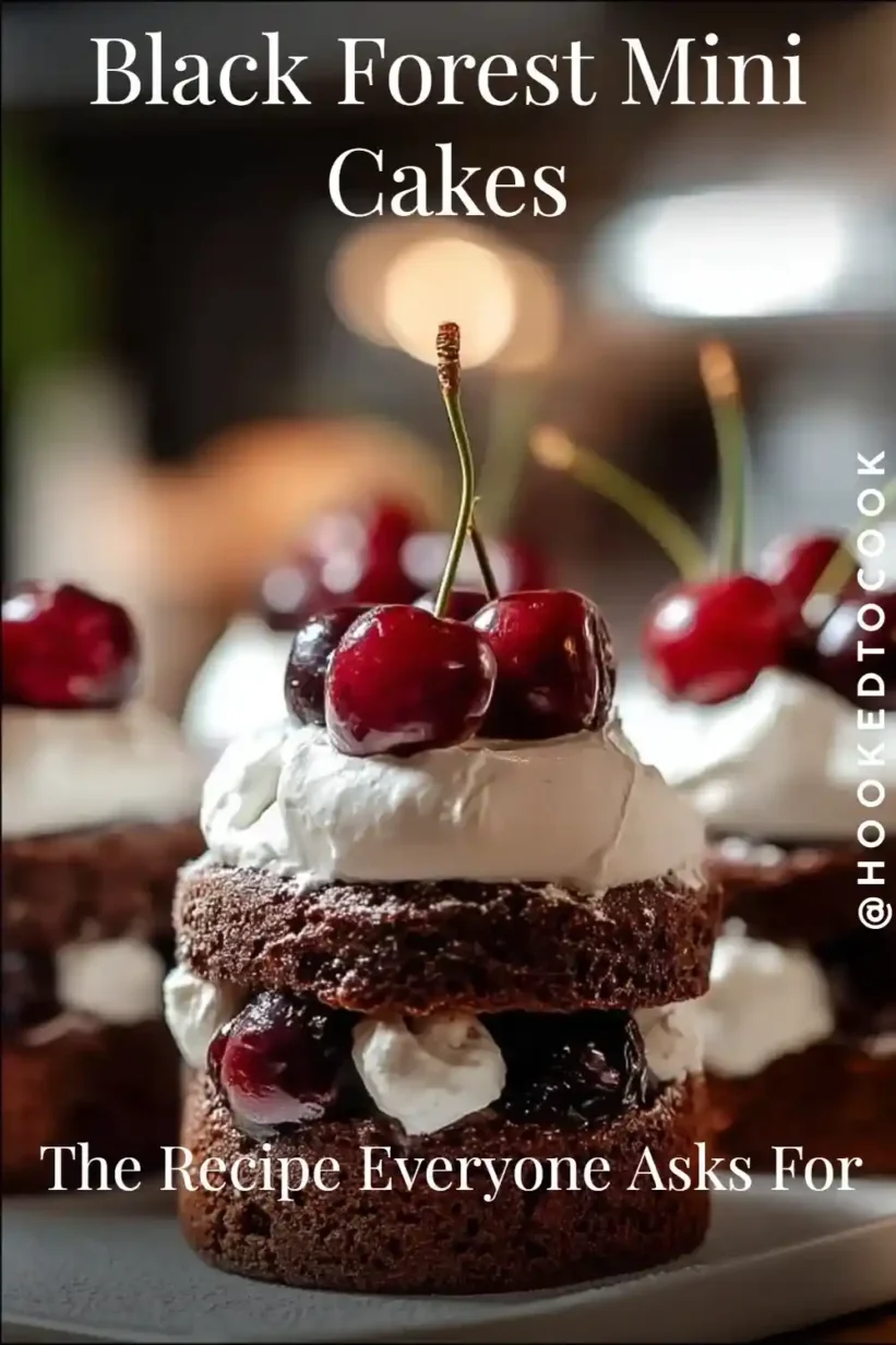 Black Forest Cakes topped with cherries, whipped cream, and chocolate curls – individual servings.