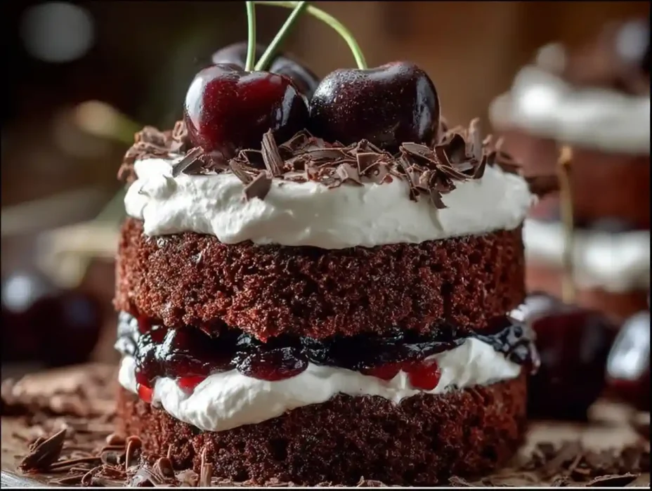 Delicious Black Forest mini cakes topped with cherries and whipped cream